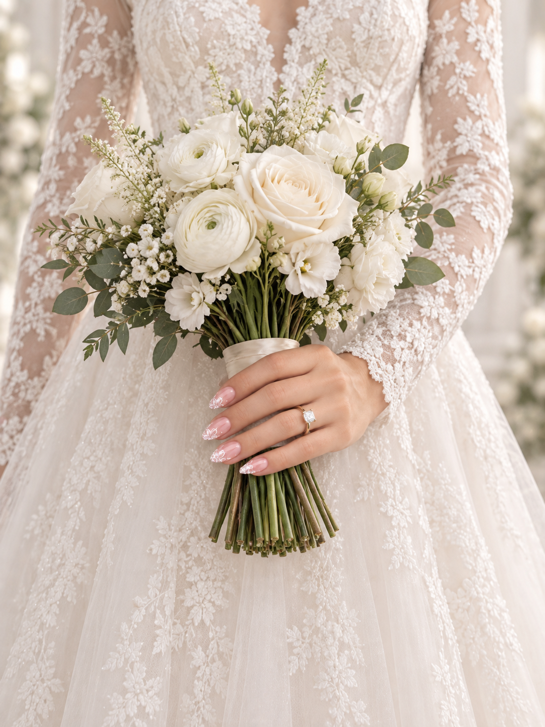 Bruid met een wit boeket en roze bloemendesign op haar nagels
