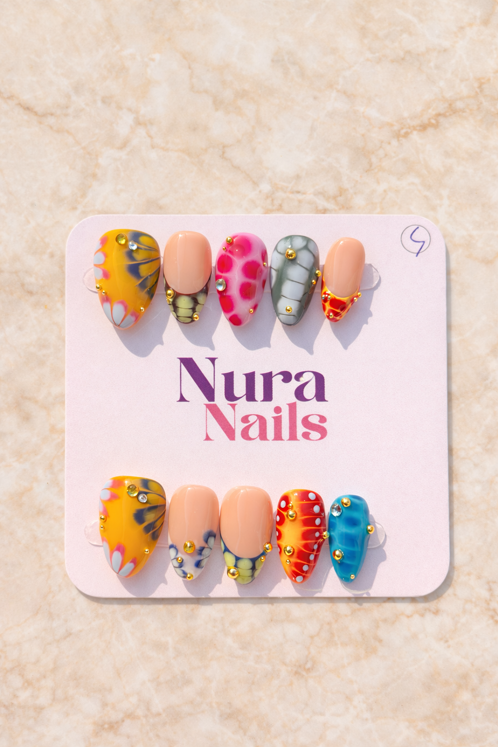 Custom nail design - colorful mixed art with gold studs