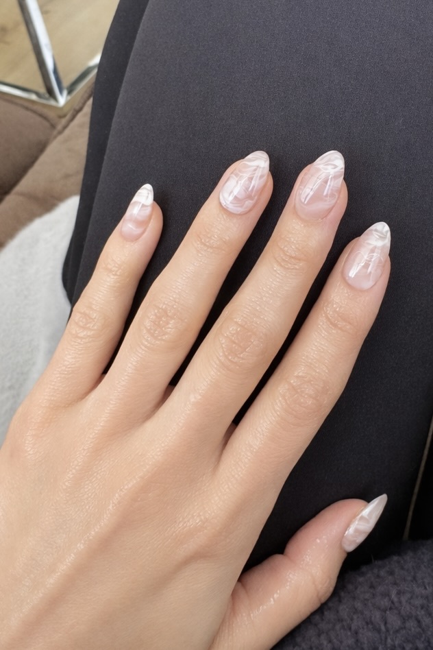 Custom nail design - marble white almond nails