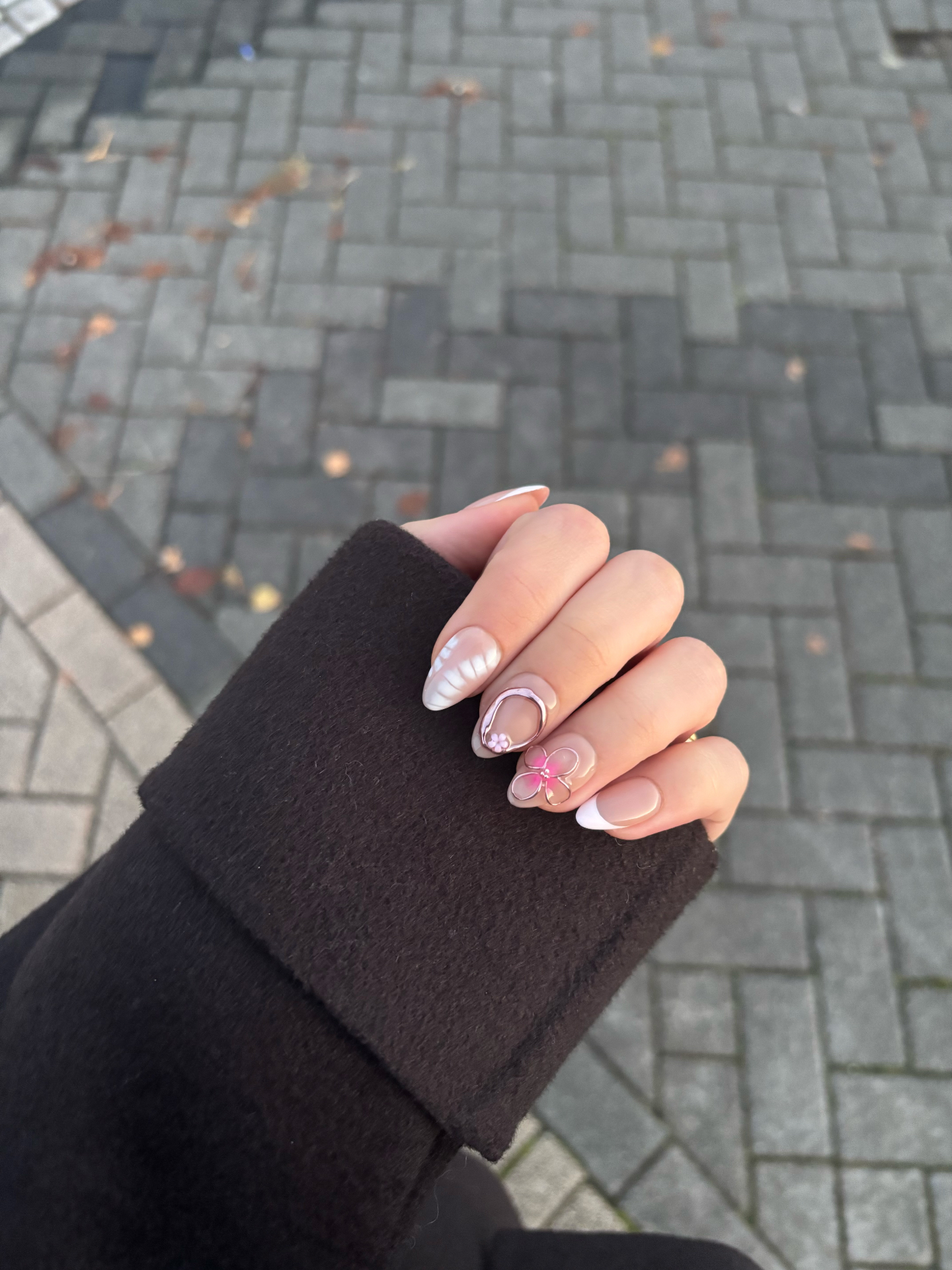 Custom nail design - french tips with pink flower